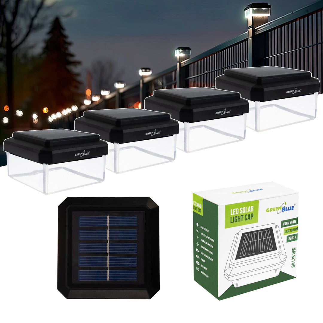 Solární LED lampa na sloupek GreenBlue, 100 × 100 mm, obdélníkový kryt, 3200 K, GB128 WW, 4 ks