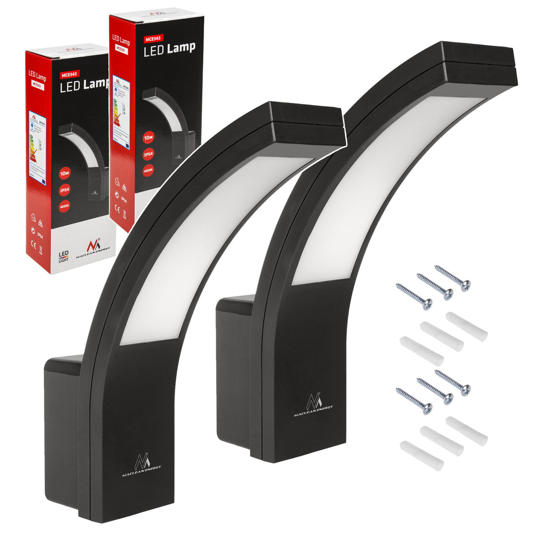 LED fasádní svítidlo Maclean, 800 lm, IP54, 10 W, přirozeně bílá barva (4000 K), černá barva, MCE343 B, 2 ks