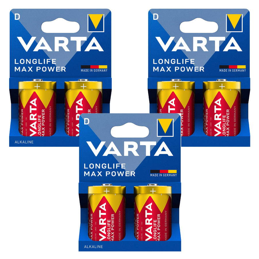 6 ks alkalických baterií R-20 R20 D 1,5 V Varta Longlife Max Power