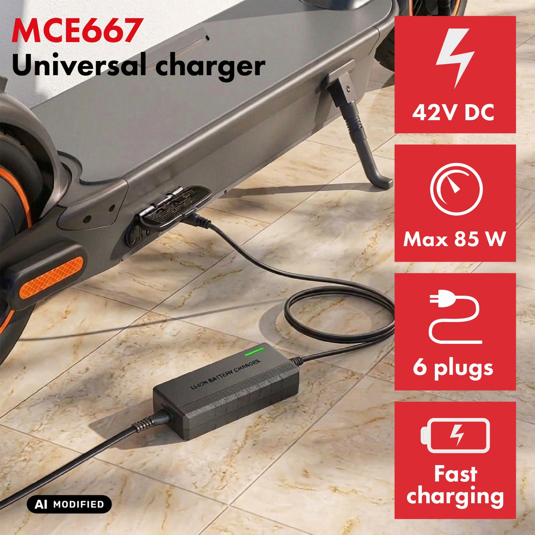 Univerzální nabíječka / napájecí zdroj Maclean Energy, pro koloběžky, 42 V DC, 2 A, max. 85 W, rychlé nabíjení, 6 zástrček, MCE667