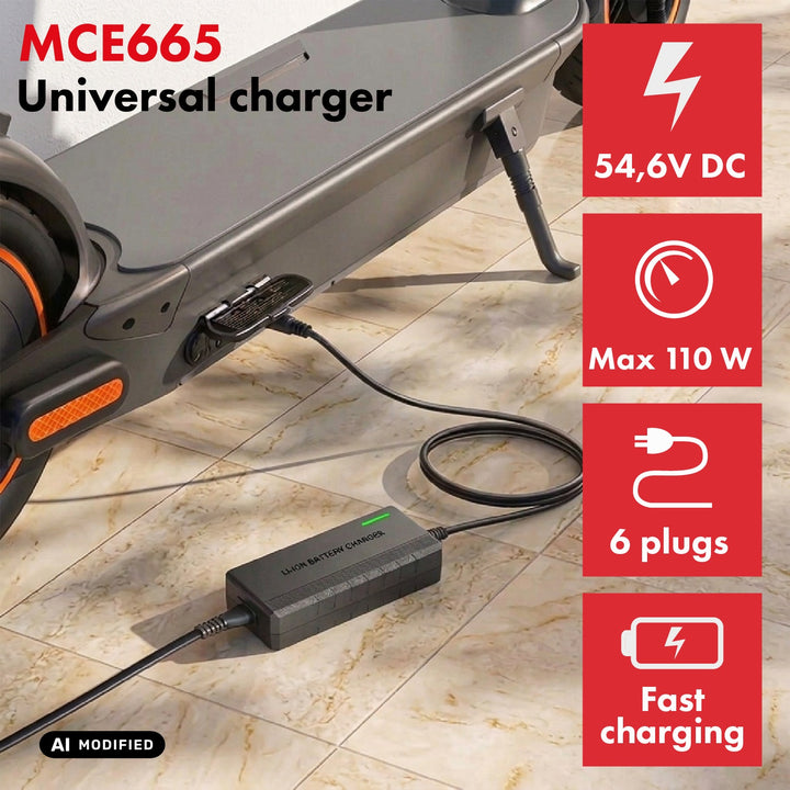 Univerzální nabíječka / napájecí zdroj Maclean Energy, pro koloběžky, 54,6 V DC, 2 A, max. 110 W, rychlé nabíjení, 6 zástrček, MCE665