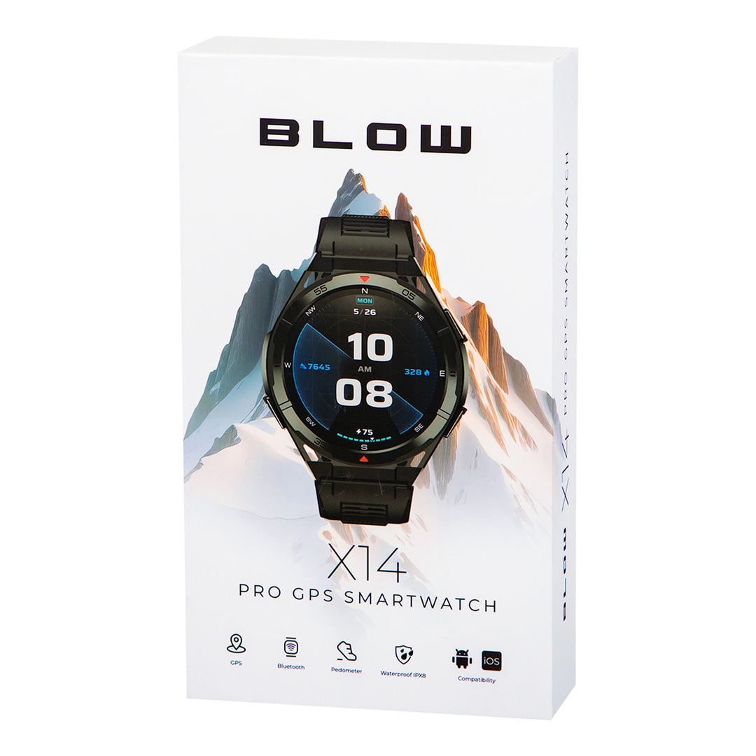 Chytré hodinky BLOW X14 Pro, 1,43" AMOLED displej, baterie 490 mAh, GPS, 4 GB RAM a 256 MB paměti, funkce pro sledování zdraví, 2 barvy řemínku, 89-016#