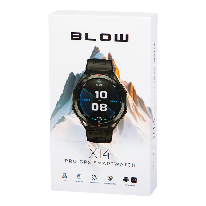 Chytré hodinky BLOW X14 Pro, 1,43" AMOLED displej, baterie 490 mAh, GPS, 4 GB RAM a 256 MB paměti, funkce pro sledování zdraví, 2 barvy řemínku, 89-016#