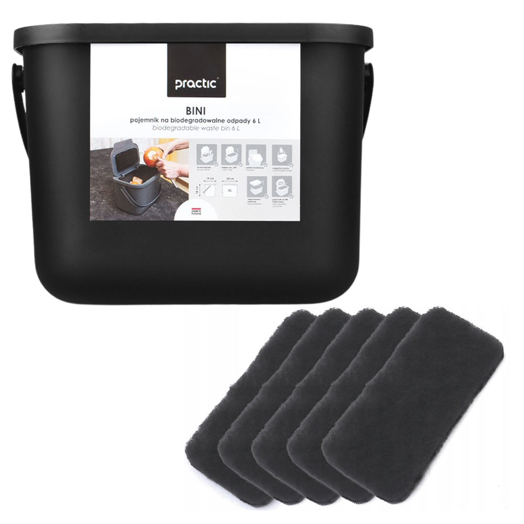 Nádoba na bioodpad 6 l, černá, Bini Practic + 5 ks uhlíkových filtrů Practic
