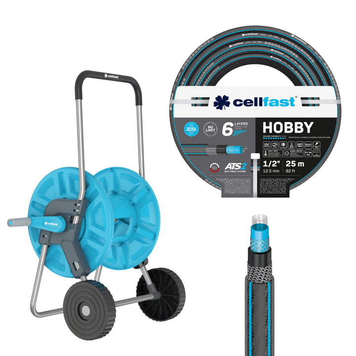 Vozík na hadici Cellfast Aluplus 1/2" 60 m + zahradní hadice Cellfast Hobby ATS2 1/2" 25 m
