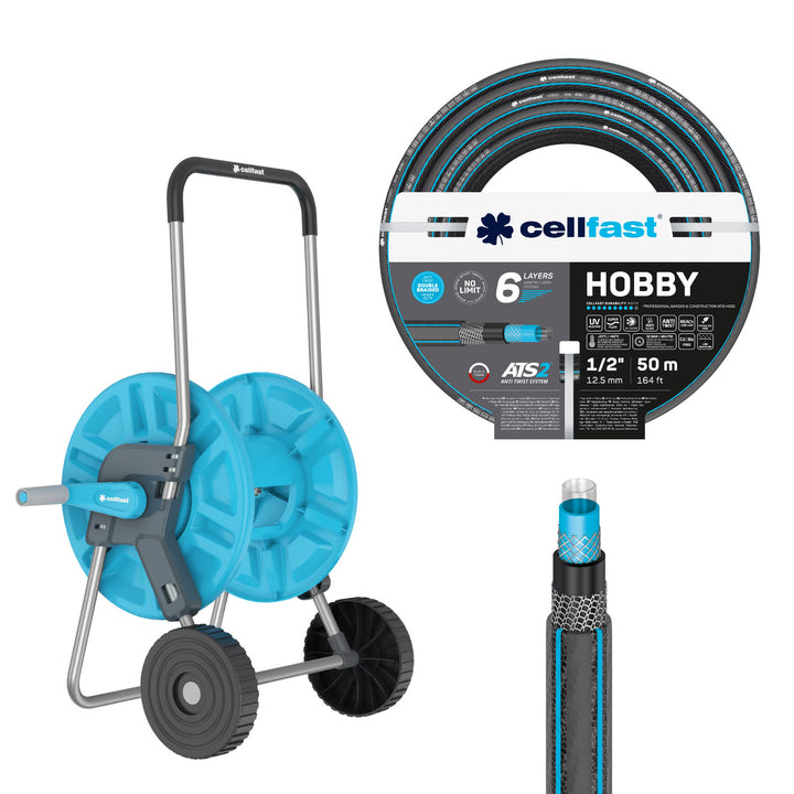 Vozík na hadici Cellfast Aluplus 1/2" 60 m + zahradní hadice Cellfast Hobby ATS2 1/2" 50 m