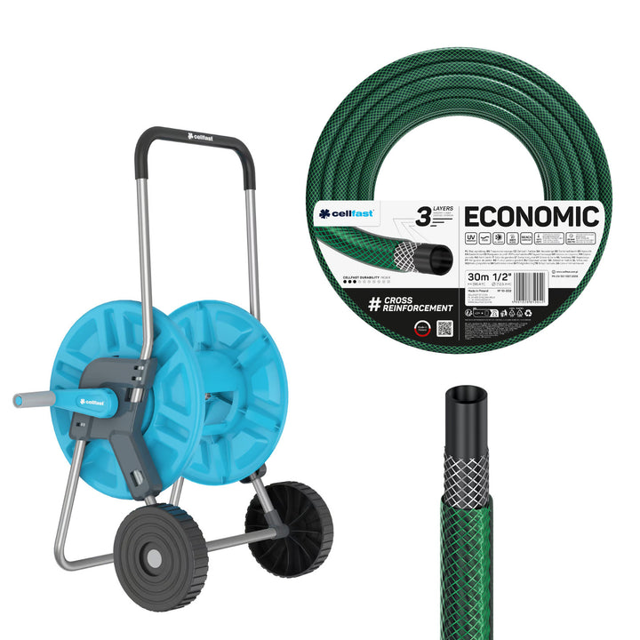 Vozík na hadici Cellfast Aluplus 1/2" 60 m + zahradní hadice Cellfast Economic 1/2" 30 m