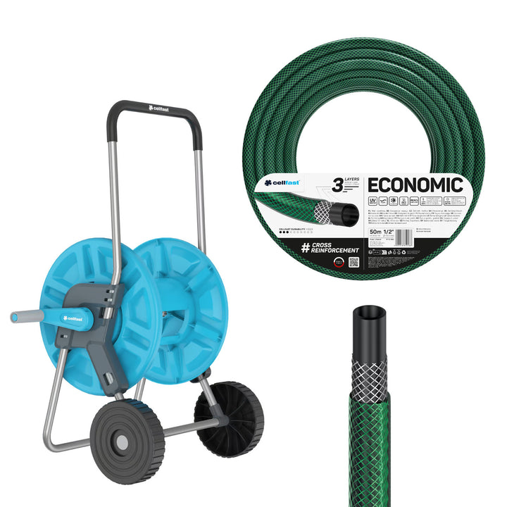 Vozík na hadici Cellfast Aluplus 1/2" 60 m + zahradní hadice Cellfast Economic 1/2" 50 m