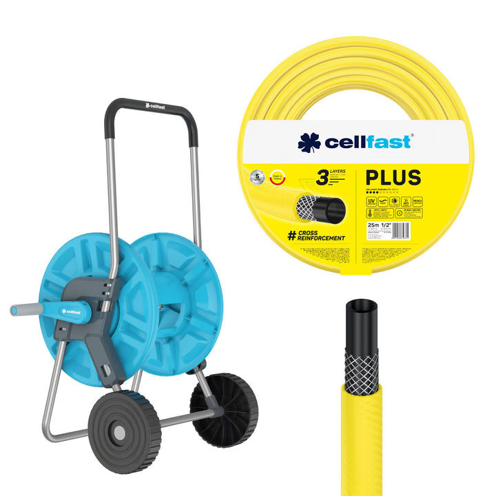 Vozík na hadici Cellfast Aluplus 1/2" 60 m + zahradní hadice Cellfast Plus 1/2" 25 m