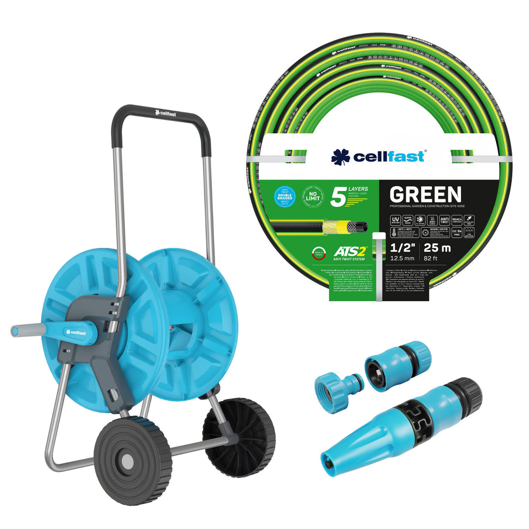 Vozík na hadici Cellfast Aluplus 1/2" 60 m + zahradní hadice Cellfast Green ATS2 1/2" 25 m + sada s přímým rozstřikovačem Cellfast Basic 1/2"