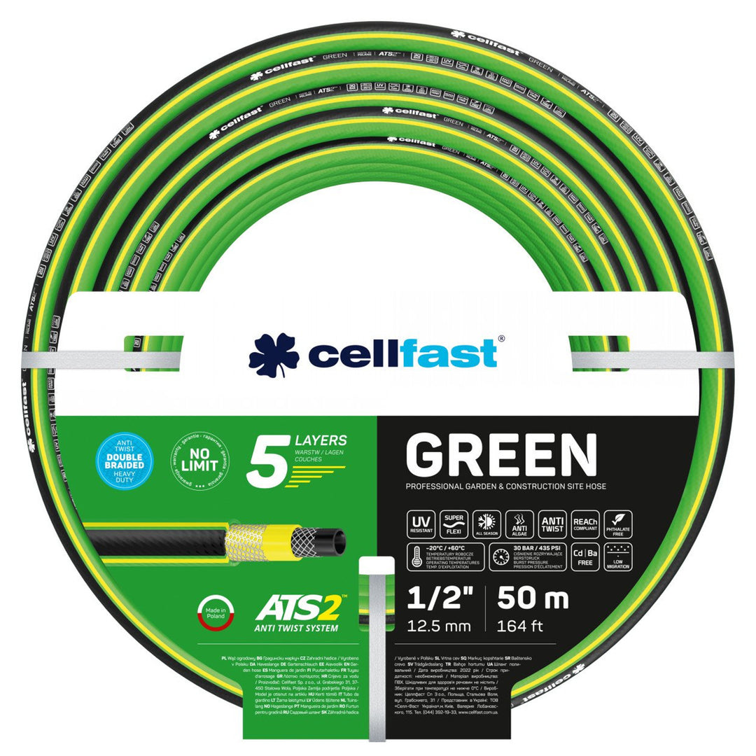Vozík na hadici Cellfast Aluplus 1/2" 60 m + zahradní hadice Cellfast Green ATS2 1/2" 50 m + sada s přímým rozstřikovačem Cellfast Basic 1/2"