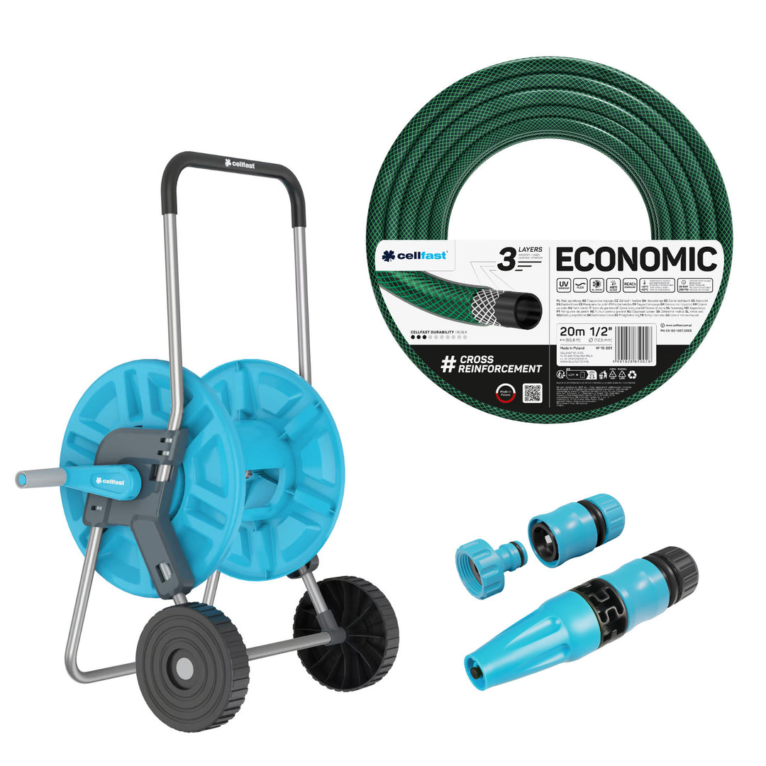 Vozík na hadici Cellfast Aluplus 1/2" 60 m + zahradní hadice Cellfast Economic 1/2" 20 m + sada s přímým rozstřikovačem Cellfast Basic 1/2"
