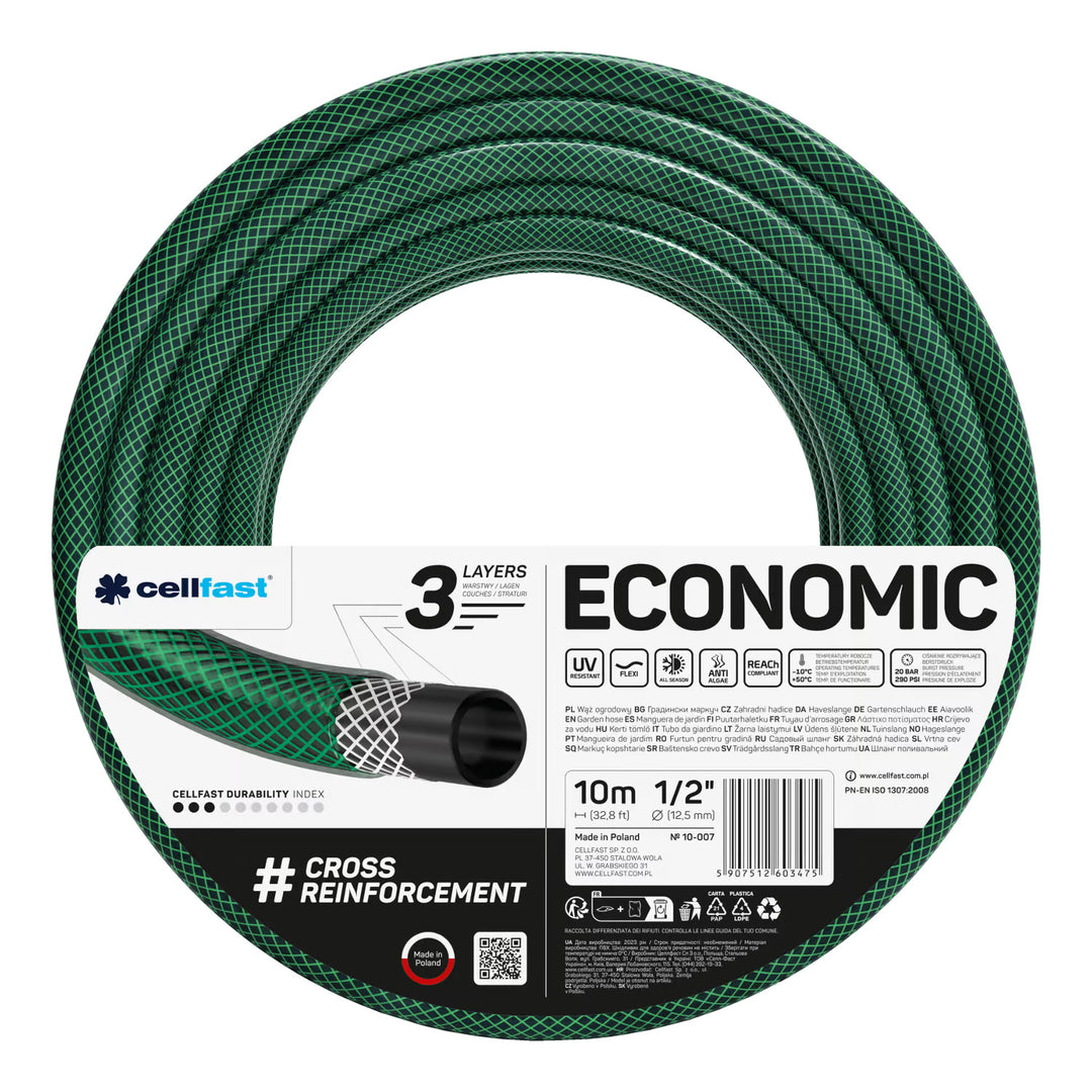 Vozík na hadici Cellfast Aluplus 1/2" 60 m + zahradní hadice Cellfast Economic 1/2" 10 m + sada s přímým rozstřikovačem Cellfast Basic 1/2"