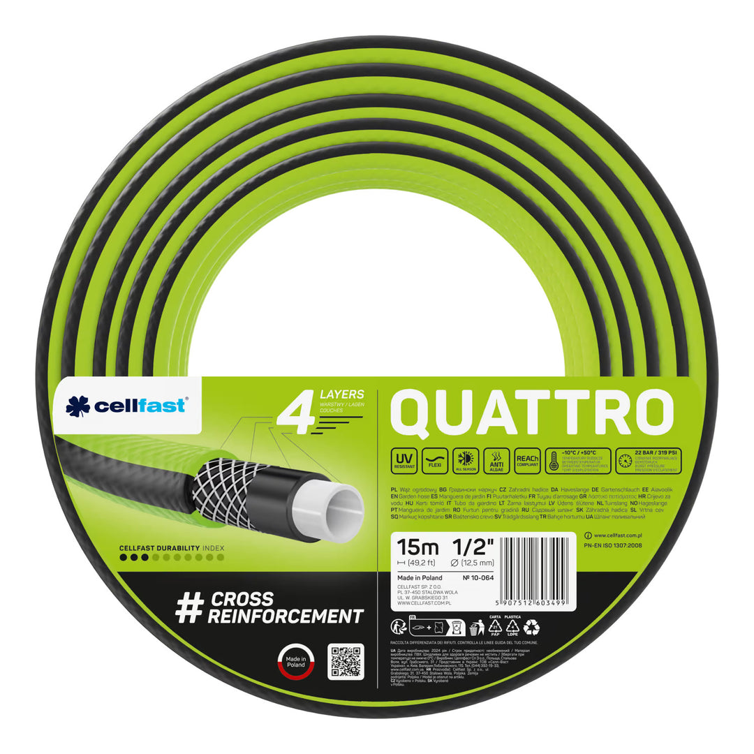 Vozík na hadici Cellfast Aluplus 1/2" 60 m + zahradní hadice Cellfast Quattro 1/2" 15 m + sada s přímým rozstřikovačem Cellfast Basic 1/2"