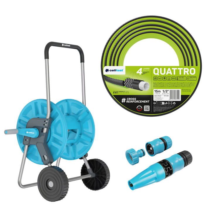 Vozík na hadici Cellfast Aluplus 1/2" 60 m + zahradní hadice Cellfast Quattro 1/2" 15 m + sada s přímým rozstřikovačem Cellfast Basic 1/2"