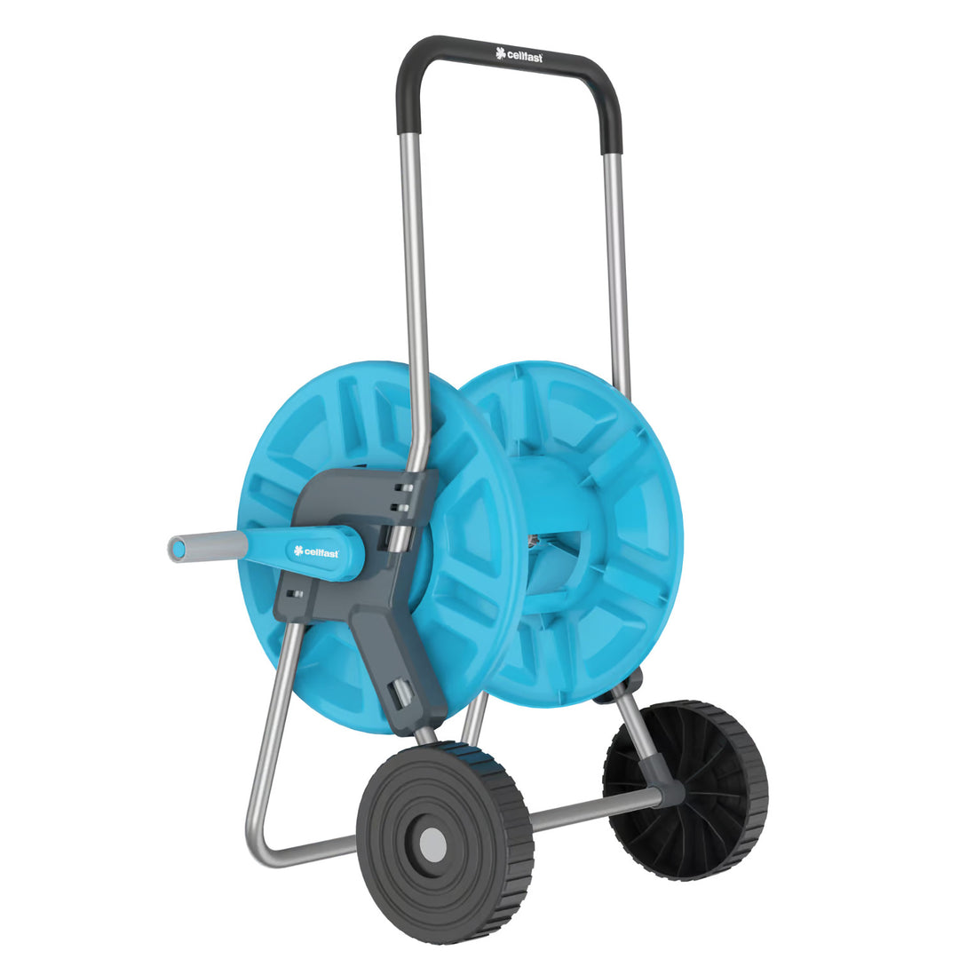 Vozík na hadici Cellfast Aluplus 1/2" 60 m + zahradní hadice Cellfast Quattro 1/2" 50 m + sada s přímým rozstřikovačem Cellfast Basic 1/2"