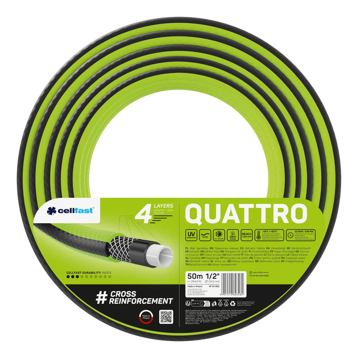 Vozík na hadici Cellfast Aluplus 1/2" 60 m + zahradní hadice Cellfast Quattro 1/2" 50 m + sada s přímým rozstřikovačem Cellfast Basic 1/2"