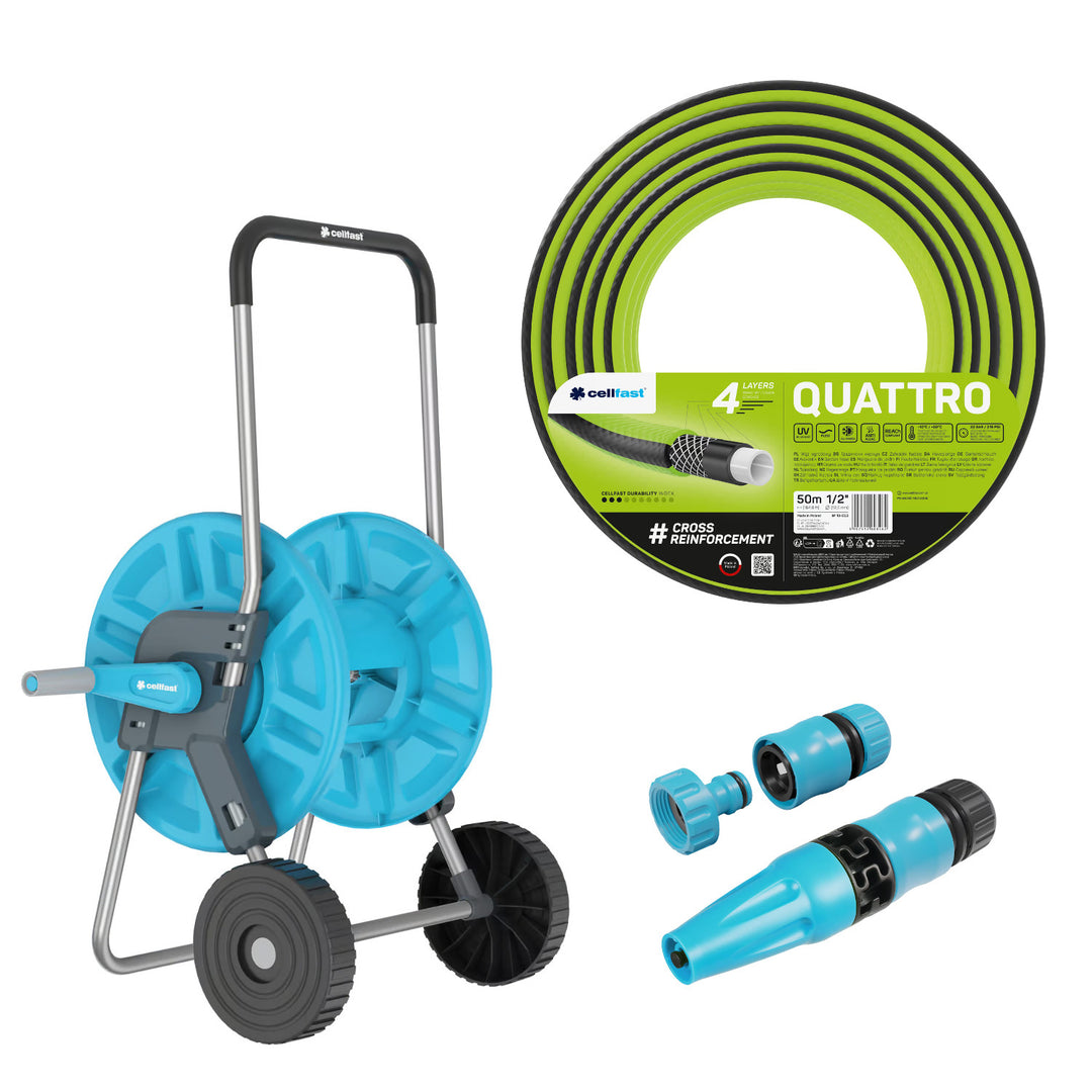 Vozík na hadici Cellfast Aluplus 1/2" 60 m + zahradní hadice Cellfast Quattro 1/2" 50 m + sada s přímým rozstřikovačem Cellfast Basic 1/2"
