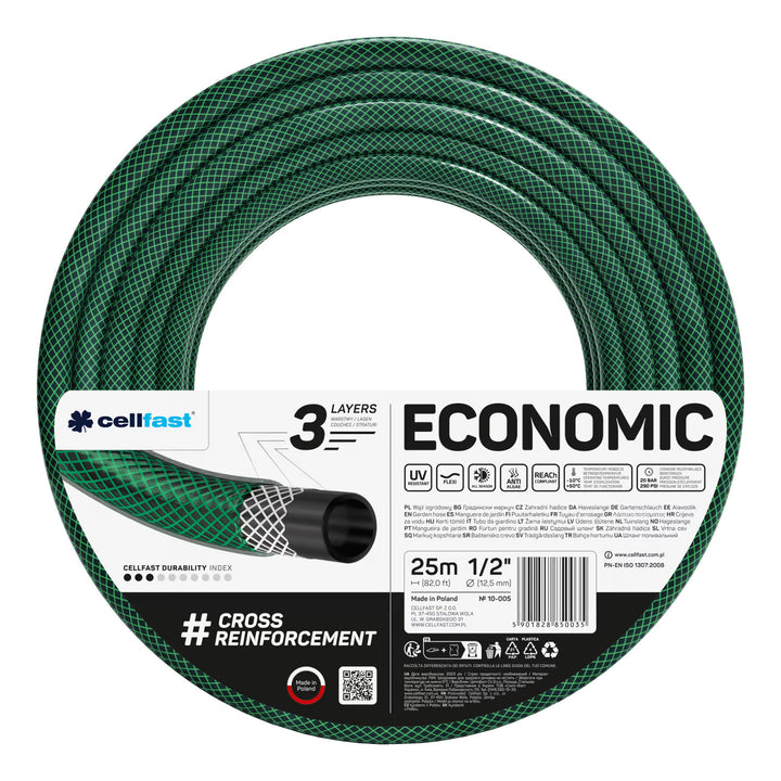 Vozík na hadici Cellfast Aluplus 1/2" 60 m + zahradní hadice Cellfast Economic 1/2" 25 m + sada s přímým rozstřikovačem Cellfast Basic 1/2"