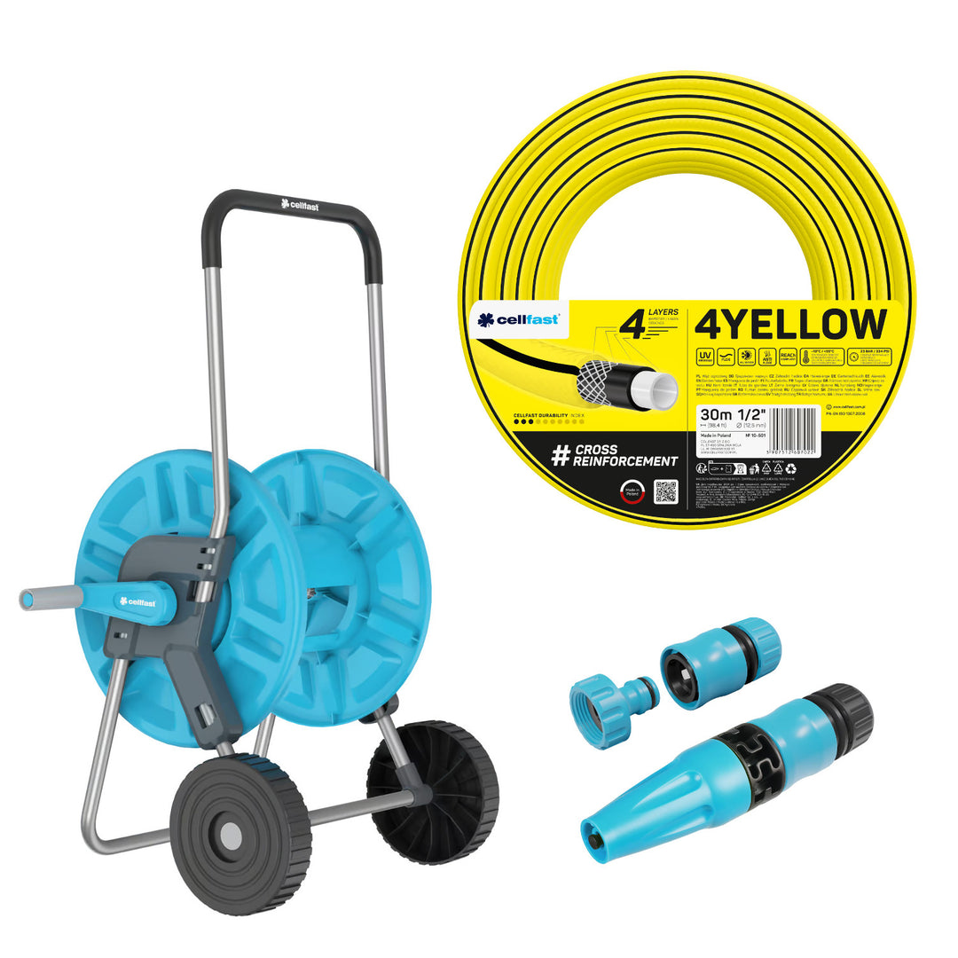 Vozík na hadici Cellfast Aluplus 1/2" 60 m + zahradní hadice Cellfast 4YELLOW 1/2" 30 m + sada s přímým rozstřikovačem Cellfast Basic 1/2"