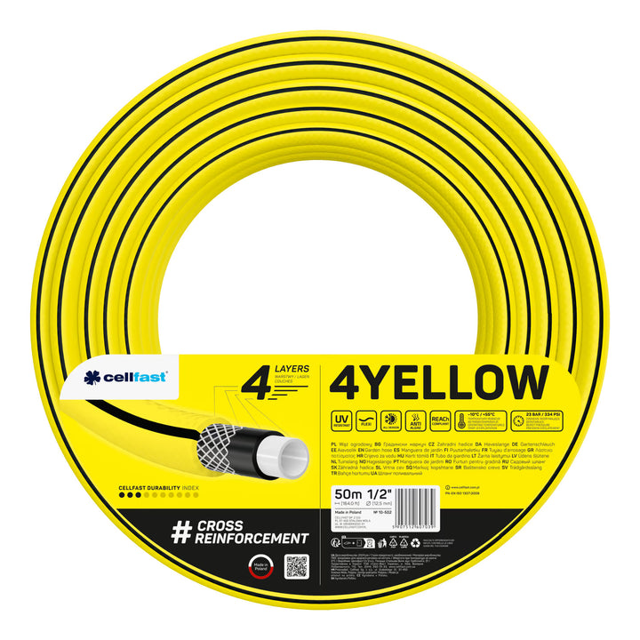 Vozík na hadici Cellfast Aluplus 1/2" 60 m + zahradní hadice Cellfast 4YELLOW 1/2" 50 m + sada s přímým rozstřikovačem Cellfast Basic 1/2"