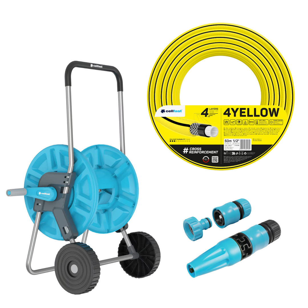 Vozík na hadici Cellfast Aluplus 1/2" 60 m + zahradní hadice Cellfast 4YELLOW 1/2" 50 m + sada s přímým rozstřikovačem Cellfast Basic 1/2"