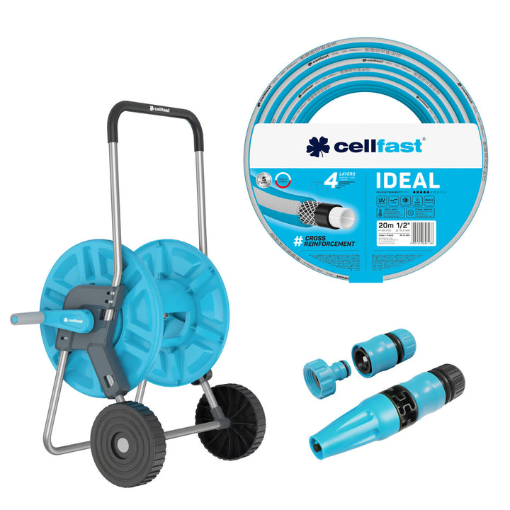 Vozík na hadici Cellfast Aluplus 1/2" 60 m + zahradní hadice Cellfast IDEAL 1/2" 20 m + sada s přímým rozstřikovačem Cellfast Basic 1/2"