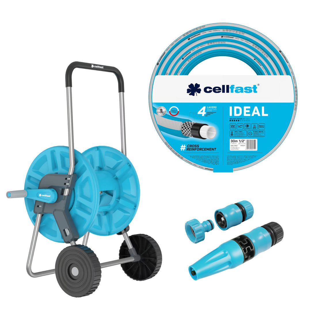 Vozík na hadici Cellfast Aluplus 1/2" 60 m + zahradní hadice Cellfast IDEAL 1/2" 30 m + sada s přímým rozstřikovačem Cellfast Basic 1/2"