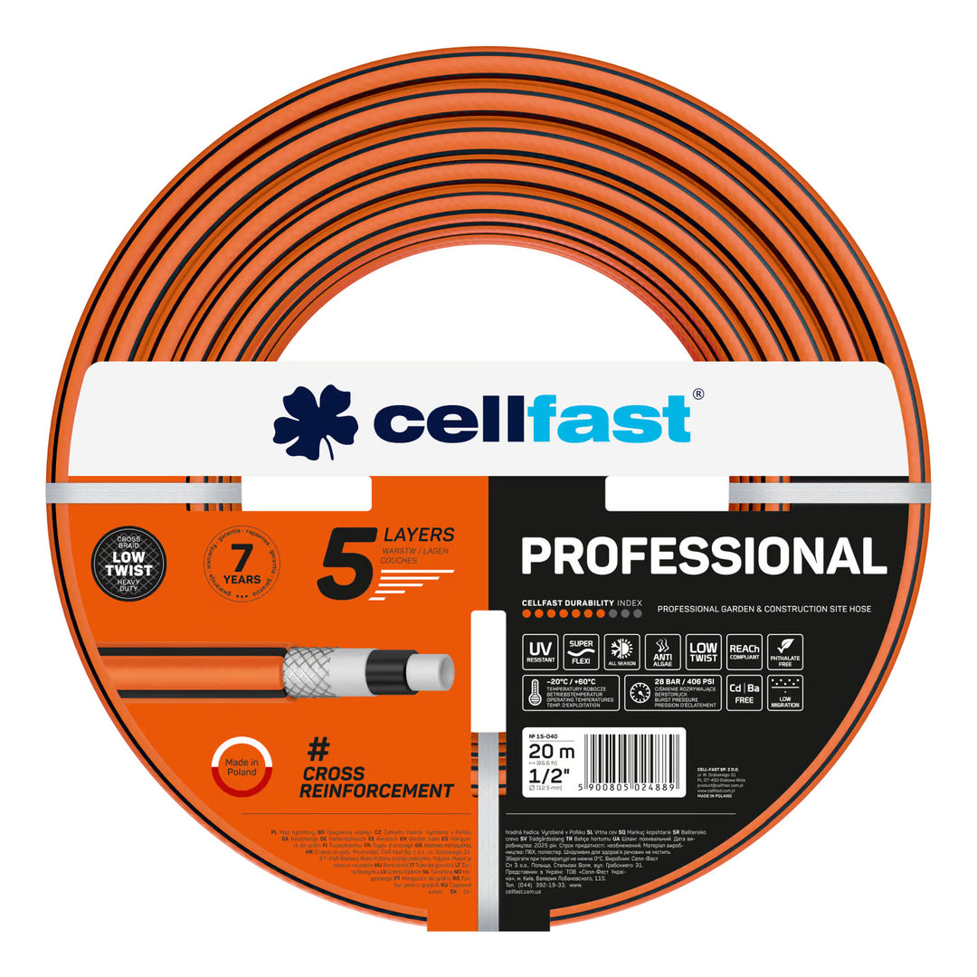 Vozík na hadici Cellfast Aluplus 1/2" 60 m + zahradní hadice Cellfast, PROFESSIONAL 1/2" 20 m + sada s přímým rozstřikovačem Cellfast Basic 1/2"