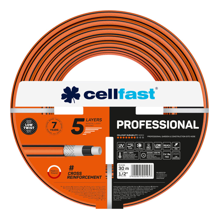 Vozík na hadici Cellfast Aluplus 1/2" 60 m + zahradní hadice Cellfast, PROFESSIONAL 1/2" 30 m + sada s přímým rozstřikovačem Cellfast Basic 1/2"