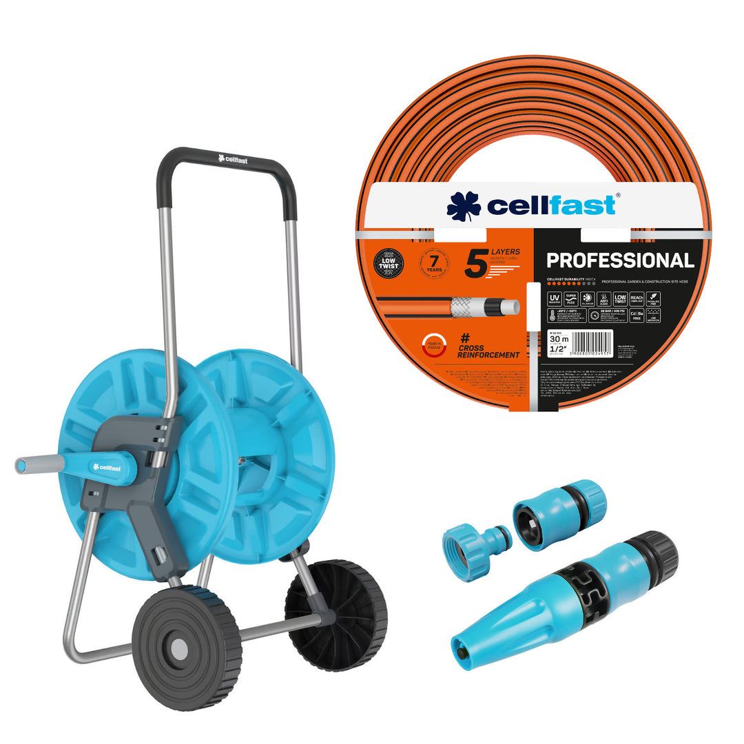 Vozík na hadici Cellfast Aluplus 1/2" 60 m + zahradní hadice Cellfast, PROFESSIONAL 1/2" 30 m + sada s přímým rozstřikovačem Cellfast Basic 1/2"