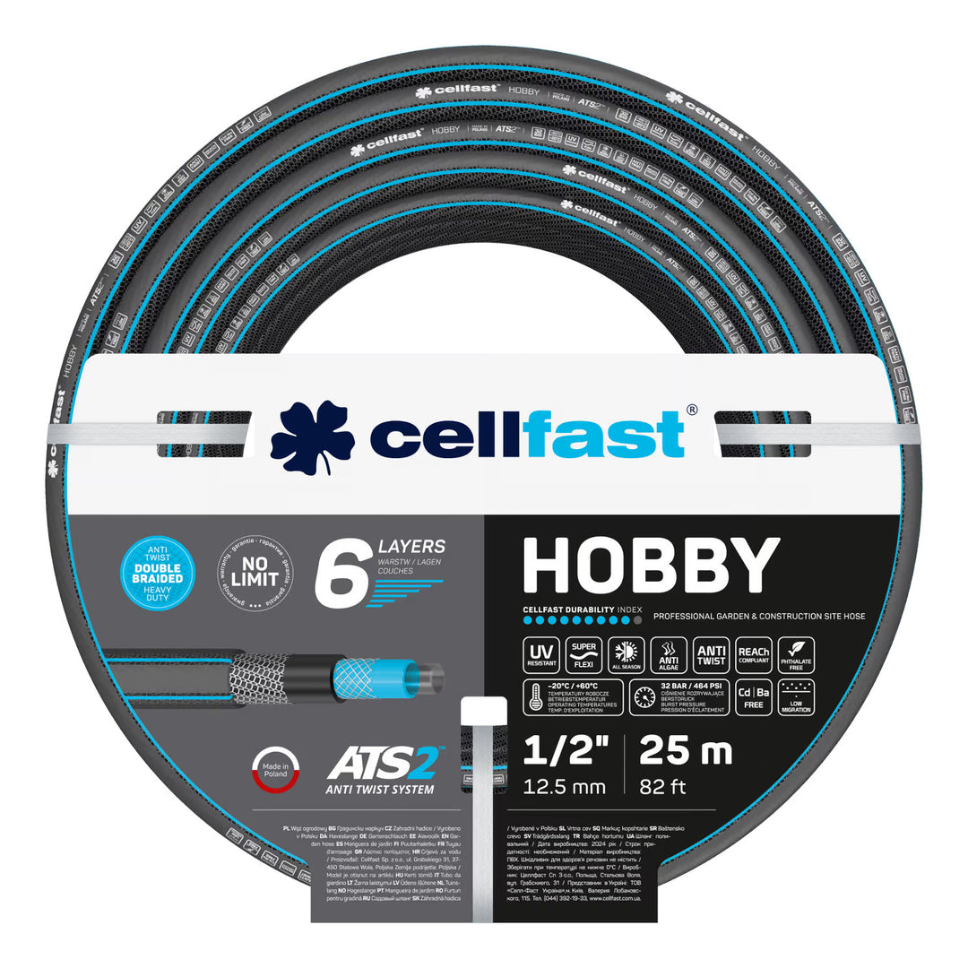Zahradní hadice Cellfast Hobby ATS2 1/2" 25 m + držák na hadici Cellfast (šedý) + sada s přímým rozstřikovačem Cellfast Basic 1/2"