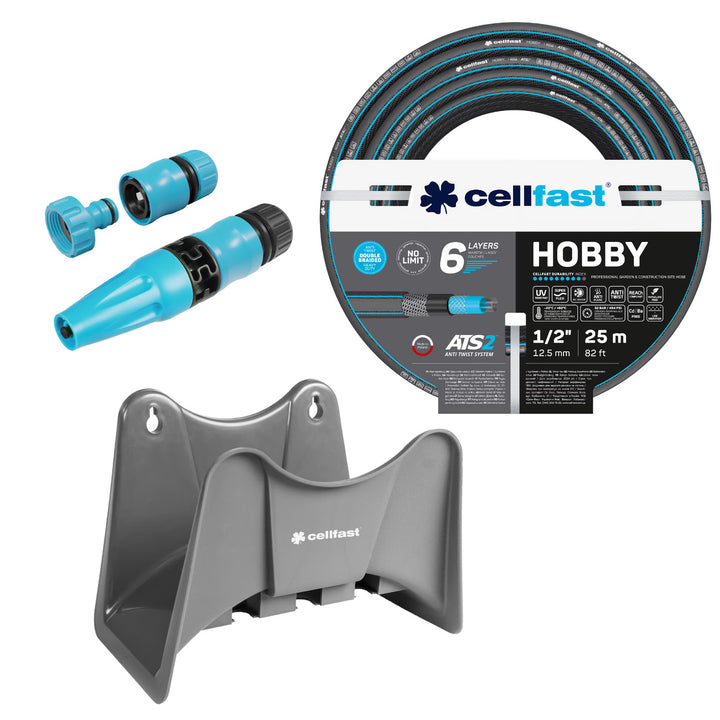 Zahradní hadice Cellfast Hobby ATS2 1/2" 25 m + držák na hadici Cellfast (šedý) + sada s přímým rozstřikovačem Cellfast Basic 1/2"