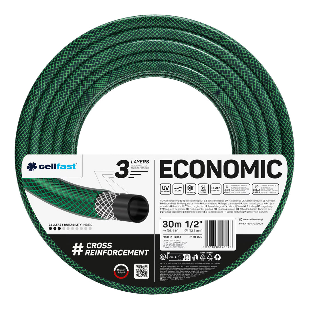 Zahradní hadice Cellfast Economic 1/2" 30 m + držák na hadici Cellfast (šedý) + sada s přímým rozstřikovačem Cellfast Basic 1/2"