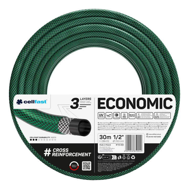 Zahradní hadice Cellfast Economic 1/2" 30 m + držák na hadici Cellfast (šedý) + sada s přímým rozstřikovačem Cellfast Basic 1/2"
