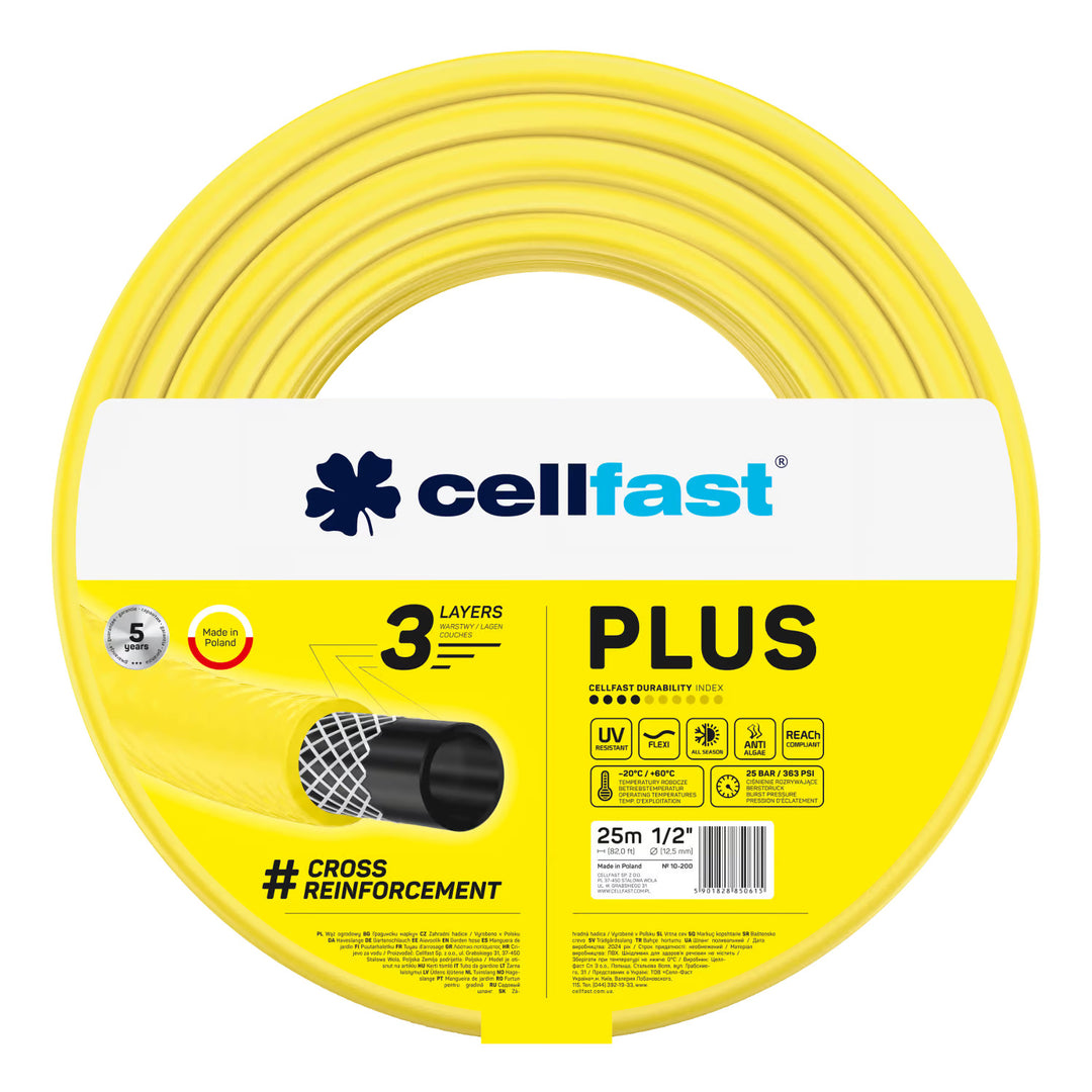 Zahradní hadice Cellfast Plus 1/2" 25 m + držák na hadici Cellfast (šedý) + sada s přímým rozstřikovačem Cellfast Basic 1/2"