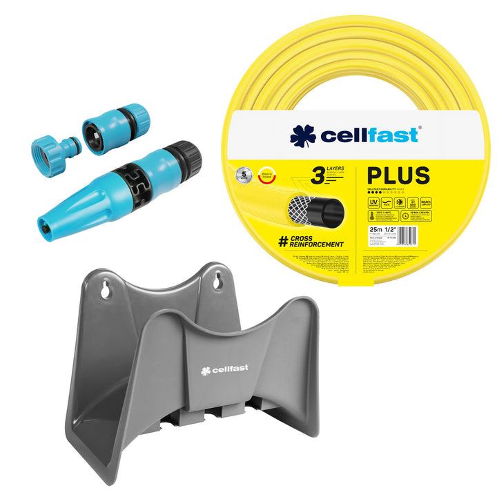 Zahradní hadice Cellfast Plus 1/2" 25 m + držák na hadici Cellfast (šedý) + sada s přímým rozstřikovačem Cellfast Basic 1/2"