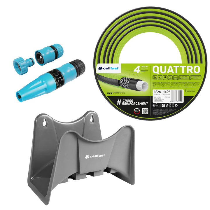 Zahradní hadice Cellfast Quattro 1/2" 15 m + držák na hadici Cellfast (šedý) + sada s přímým rozstřikovačem Cellfast Basic 1/2"