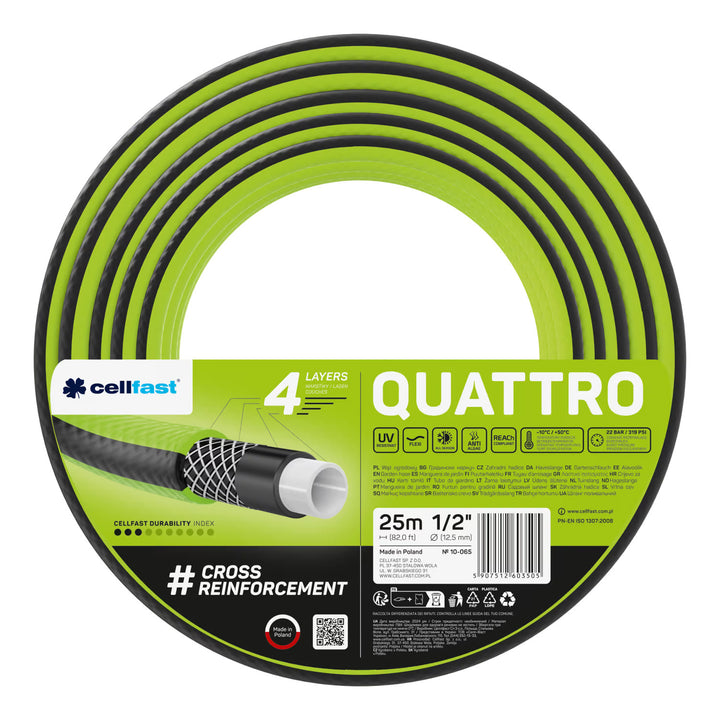 Zahradní hadice Cellfast Quattro 1/2" 25 m + držák na hadici Cellfast (šedý) + sada s přímým rozstřikovačem Cellfast Basic 1/2"