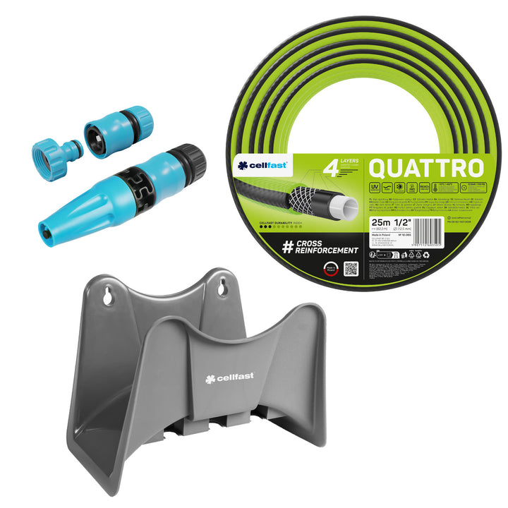 Zahradní hadice Cellfast Quattro 1/2" 25 m + držák na hadici Cellfast (šedý) + sada s přímým rozstřikovačem Cellfast Basic 1/2"