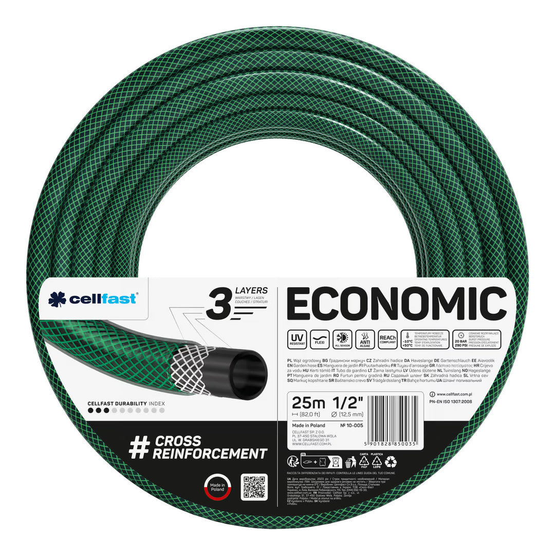 Zahradní hadice Cellfast Economic 1/2" 50 m + držák na hadici Cellfast (šedý) + sada s přímým rozstřikovačem Cellfast Basic 1/2"