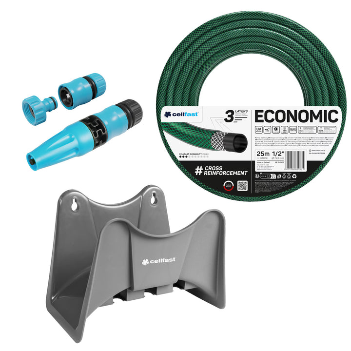 Zahradní hadice Cellfast Economic 1/2" 50 m + držák na hadici Cellfast (šedý) + sada s přímým rozstřikovačem Cellfast Basic 1/2"