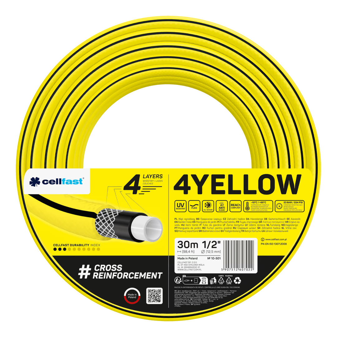 Zahradní hadice Cellfast 4YELLOW 1/2" 30 m + držák na hadici Cellfast šedý + sada s přímým rozstřikovačem Cellfast Basic 1/2"