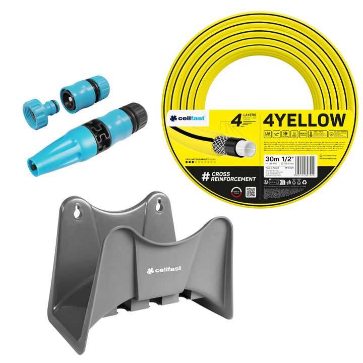 Zahradní hadice Cellfast 4YELLOW 1/2" 30 m + držák na hadici Cellfast šedý + sada s přímým rozstřikovačem Cellfast Basic 1/2"