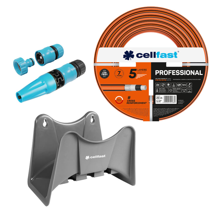 Zahradní hadice Cellfast, PROFESSIONAL 1/2" 20 m + držák na hadici Cellfast šedý + sada s přímým rozstřikovačem Cellfast Basic 1/2"