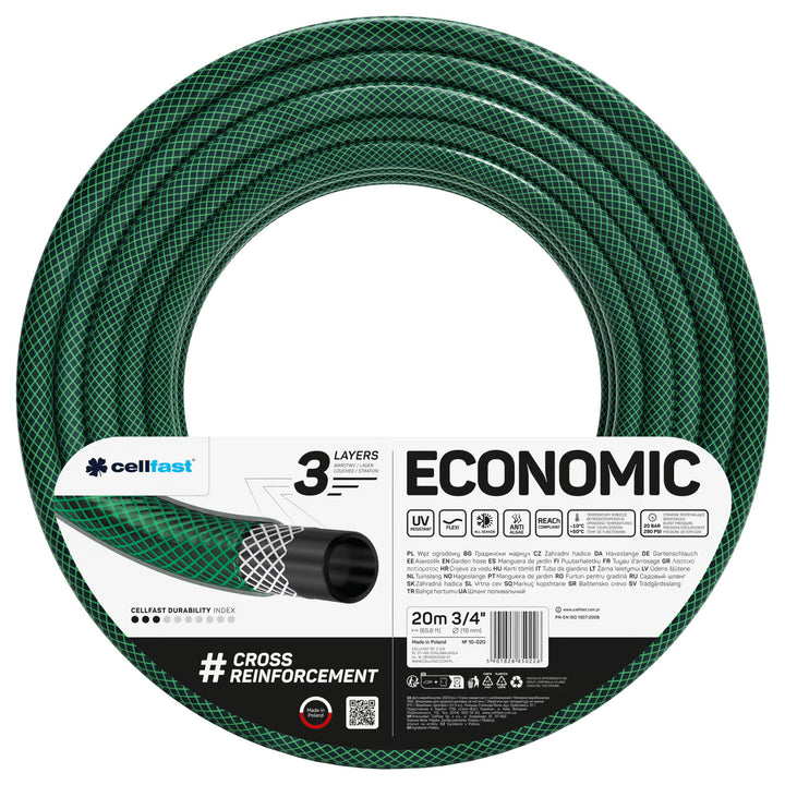 Zahradní hadice Cellfast Economic 3/4" 20 m + jednoduchý rozstřikovač + přípojka s vnitřním závitem 3/4" + průchozí a uzavírací rychlospojka 3/4"