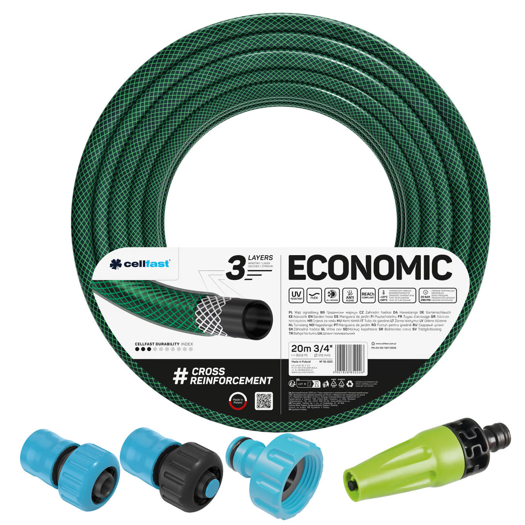 Zahradní hadice Cellfast Economic 3/4" 20 m + jednoduchý rozstřikovač + přípojka s vnitřním závitem 3/4" + průchozí a uzavírací rychlospojka 3/4"
