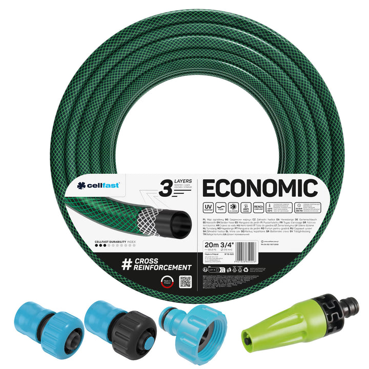 Zahradní hadice Cellfast Economic 3/4" 20 m + jednoduchý rozstřikovač + přípojka s vnitřním závitem 3/4" + průchozí a uzavírací rychlospojka 3/4"