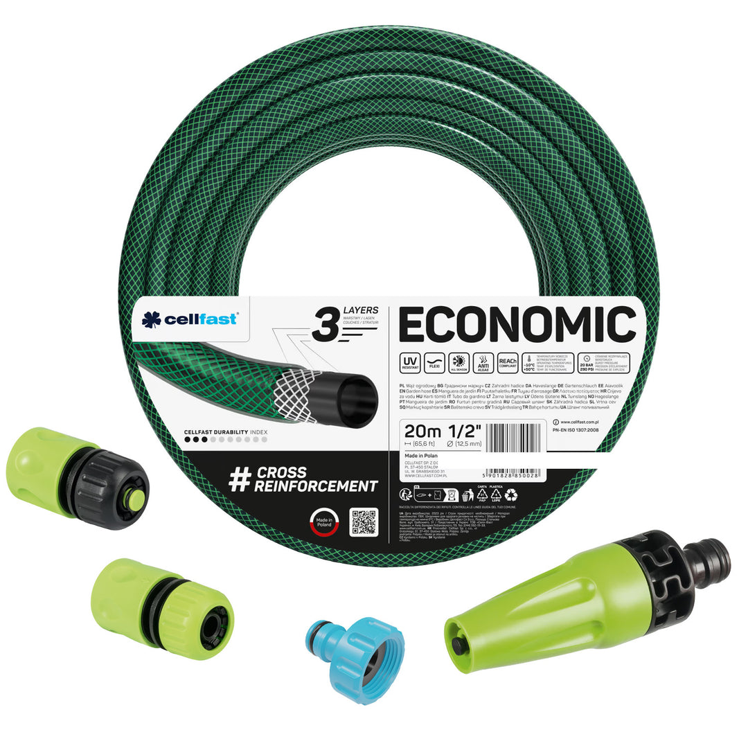 Zahradní hadice Cellfast Economic 1/2" 20 m + jednoduchý rozstřikovač + přípojka s vnitřním závitem 3/4" + průchozí a uzavírací rychlospojka 1/2"