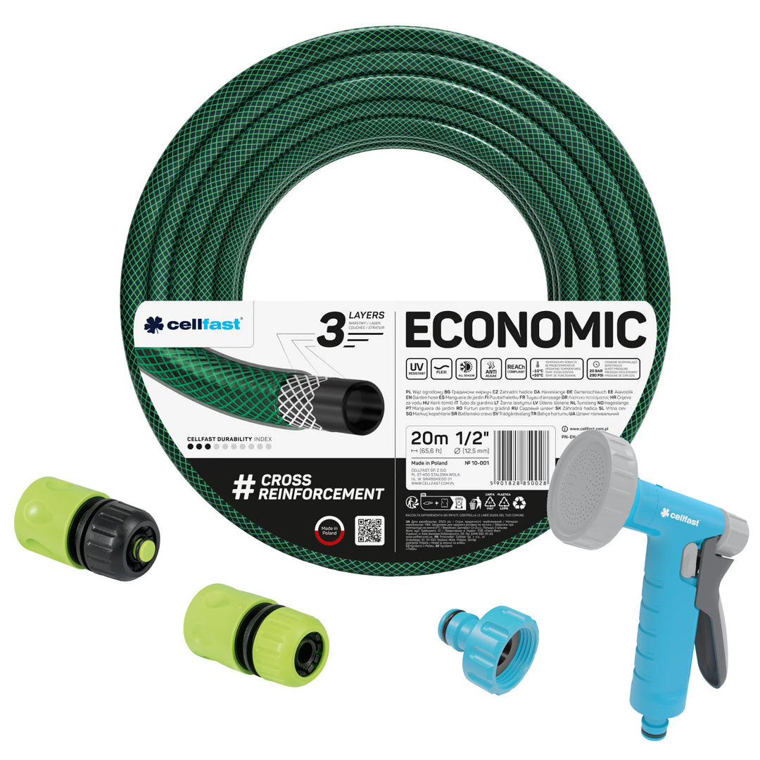 Zahradní hadice Cellfast Economic 1/2" 20 m + pistole s rozstřikovačem + přípojka s vnitřním závitem 3/4" + průchozí a uzavírací rychlospojka 1/2"